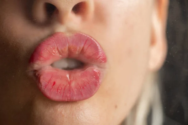 Young Sexy Girl Kissing Misted Glass Close — Stock Photo, Image