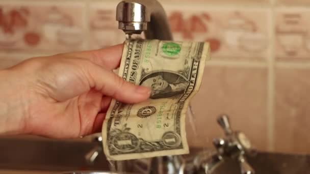 Washing Dollar Running Water Faucet Kitchen — Αρχείο Βίντεο