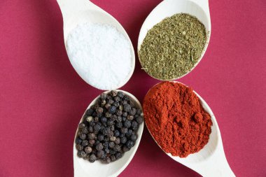 Farklı baharat ve biber çeşitlerine sahip ahşap kaşıklar izole bir arka planda yakın plan.