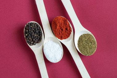 Farklı baharat ve biber çeşitlerine sahip ahşap kaşıklar izole bir arka planda yakın plan.