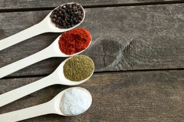 Ahşap arka planda farklı baharat ve biberli ahşap kaşıklar.