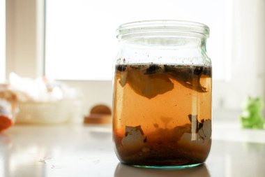 Mutfakta şeffaf cam bir kavanozda baharatlı sıcak sebze çorbası, kavanozda çorba.