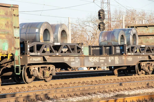 Ukrajina Dnipro 2020 Válcovaná Ocelová Cívka Nákladním Vlaku Přepravuje Ukrajinský — Stock fotografie
