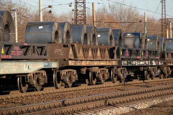 Ukraine Dnipro 2020 Eine Gewalzte Stahlspule Auf Einem Güterzug Transportiert — Stockfoto