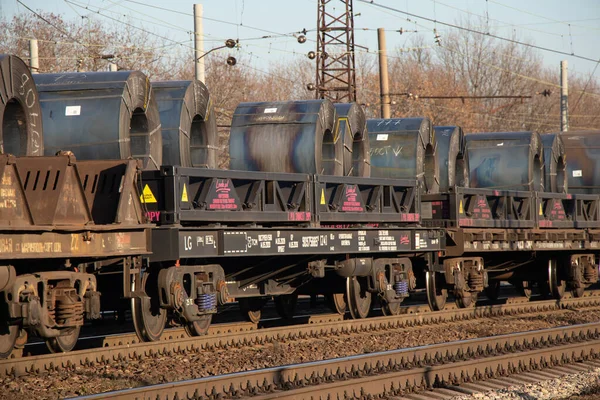 Ukrajna Dnipro 2020 Egy Hengerelt Acél Tekercs Egy Tehervonat Szállít — Stock Fotó