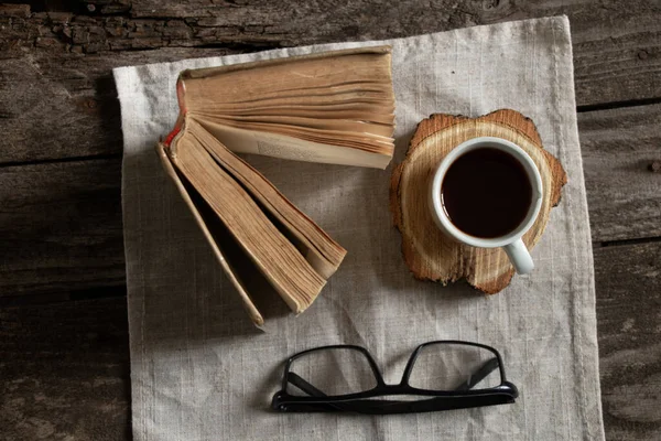 Cup Coffee Book Morning Napkin Wooden Table Next Glasses — Stock Photo, Image