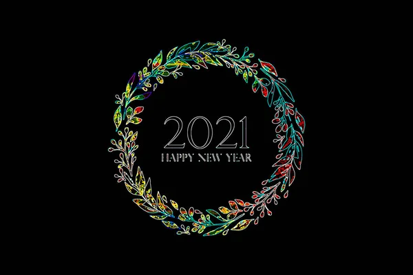 2021 Floral Wreath Multicolored Neon Light Black Background New Year — Stock Photo, Image