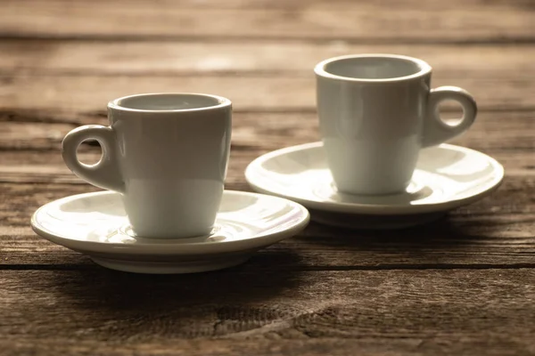 Two White Cups Saucer Stand Wooden Table Morning — Stok Foto