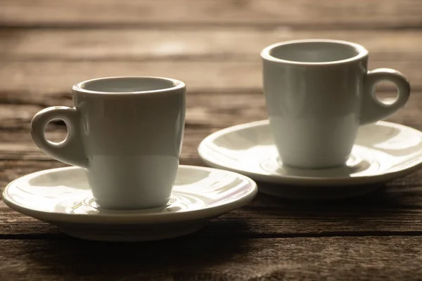 Two White Cups Saucer Stand Wooden Table Morning — Stok Foto