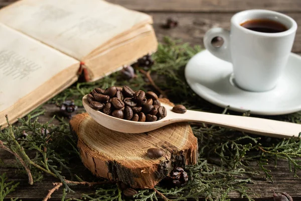 Sendok Kayu Dengan Biji Bijian Kopi Panggang Terletak Cabang Cabang — Stok Foto