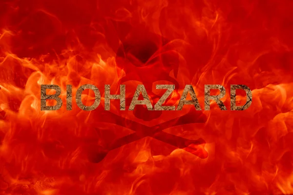 Woord Biohazard Het Engels Rook Achtergrond Van Brand Schedel Waarschuwingsbord — Stockfoto
