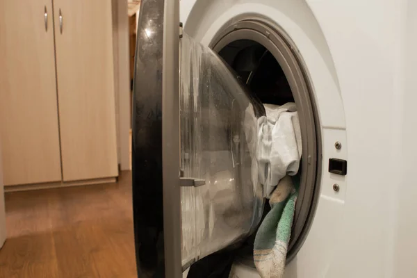 Schoon Dingen Wasmachine Badkamer Close — Stockfoto