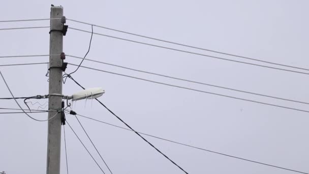 Fios elétricos na cobertura pólo no vento em dezembro — Vídeo de Stock