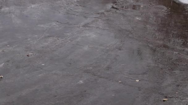 十二月的冬天，道路上的水坑里下着冰冷的雨 — 图库视频影像