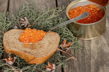 Mutfaktaki ahşap masada kırmızı havyarlı bir parça siyah ekmek yatıyor.