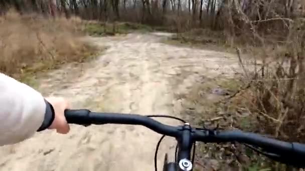 Uma Menina Passeio Bicicleta Longo Uma Estrada Florestal Ucrânia Dezembro — Vídeo de Stock