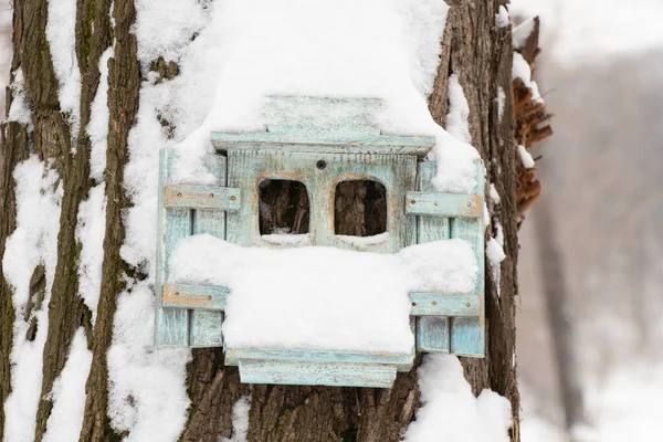 Kis Mesebeli Faház Egy Fán Parkban Télen Hóban — Stock Fotó