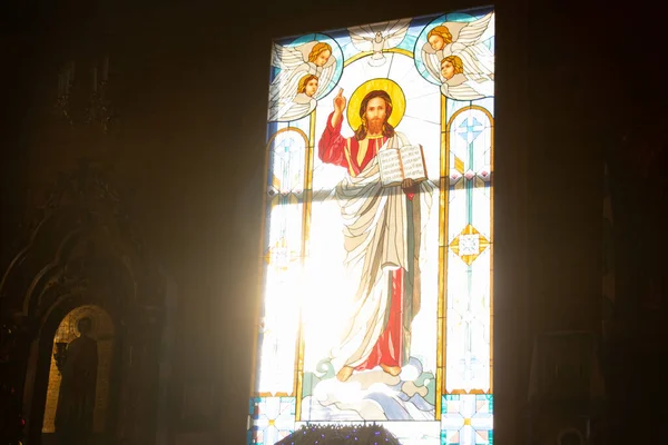 Mosaïque Fenêtre Avec Jésus Christ Dans Église Lumière Soleil Dans — Photo