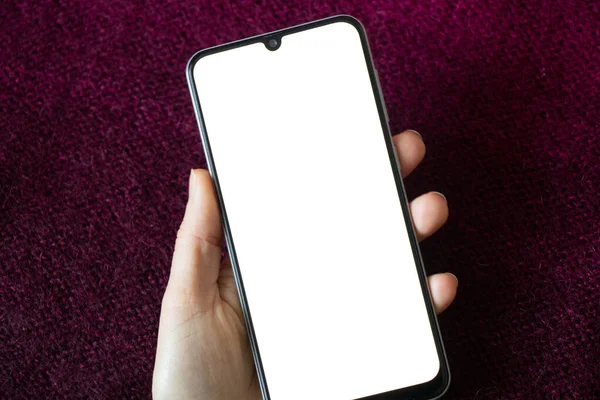 Phone Hands Young Girl White Screen Design Close — Stock Photo, Image