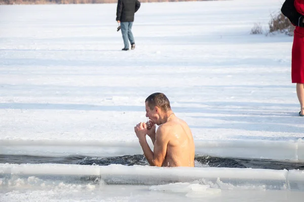 Ukraine Dnipro 2021 Massive Swimming River Frost Epiphany — Stock Photo, Image