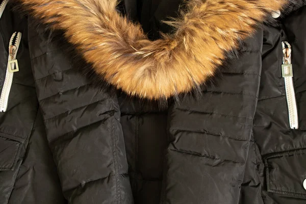 Black Women Jacket Fur Collar Hood Background Winter Clothing — Zdjęcie stockowe
