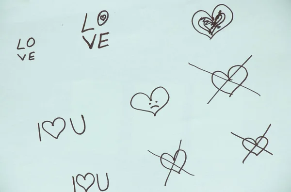 Seni Seviyorum Kalpler Mavi Kağıda Siyah Kalemle Çiziliyor Duygu Duygular — Stok fotoğraf