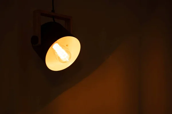 included electric light bulb on the background of dark curtains, lamp light