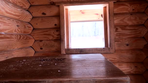 Widok z okna drewnianego domu na padający śnieg w zimie na Ukrainie — Wideo stockowe
