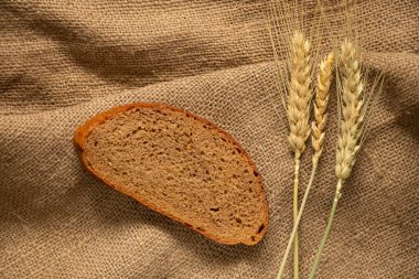 Bir avuç kuru buğday ve bir parça kahverengi ekmek çuval, buğday hasadının üzerinde yatıyor.