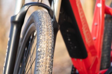 Ukrayna Dnipro 30.03.2021 - Xiaomi HIMO C26 elektrikli bisiklet kamera pro 9 ile ilkbaharda ormandaki gidonlarda, eko teknolojileri