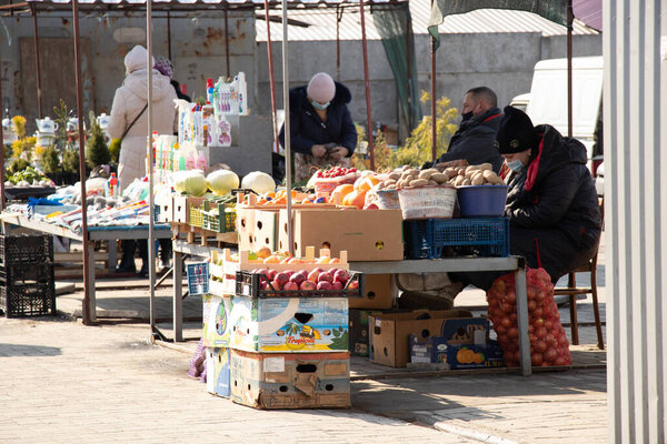 Ukraine Dnipro 03.04.2021 - city bazaar during the quarantine period in the spring, compliance with quarantine standards during a pandemic