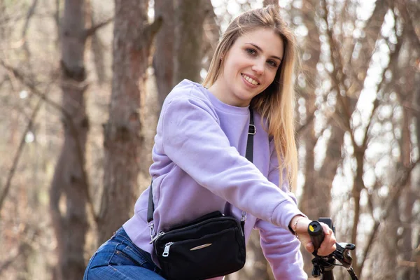 Girl Rides Electric Bike Spring Forest Ukraine City Dnipro Outdoor — Stock Photo, Image