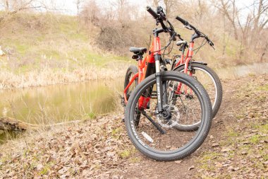 Ukrayna Dnepr 06.04.2021 - ilkbaharda parkta yeni bir kırmızı elektrikli bisiklet, bisiklet gezisi