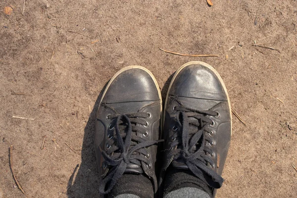 Vrouwelijke Benen Zwarte Sneakers Bruine Grond Vrouwen Schoenen — Stockfoto