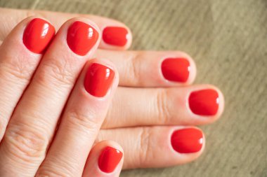 Kırmızı manikürlü kadın elleri izole edilmiş arka planda.