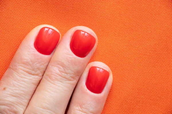 Female Hands Red Manicure Close Isolated Colored Background — Stock Photo, Image