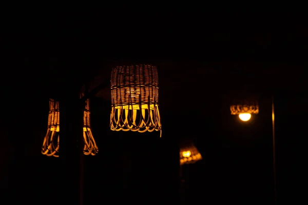 Wicker Straw Street Lamps Glow Dark Lantern Dark Made Environmentally — Stock Photo, Image