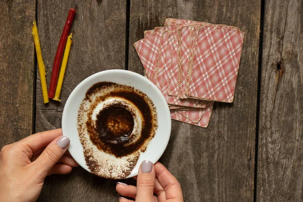 Coffee Grounds Hands Fortune Teller Cards Candles Table Fortune Telling — Stock Photo, Image