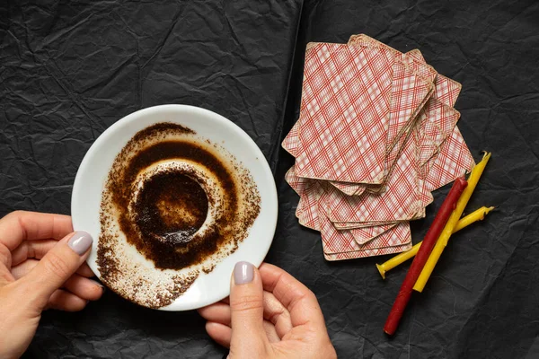 Coffee Grounds Hands Fortune Teller Cards Candles Table Fortune Telling — Stock Photo, Image