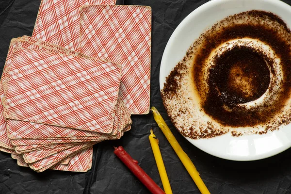 Coffee Grounds Saucer Cards Candles Table Fortune Telling Prediction Fortune — Stock Photo, Image