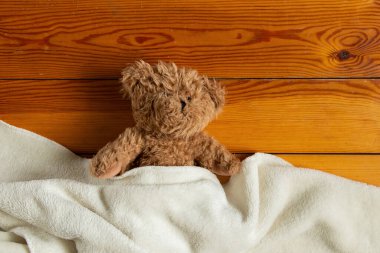 teddy brown bear lies in a white blanket on a wooden background close-up, soft toy