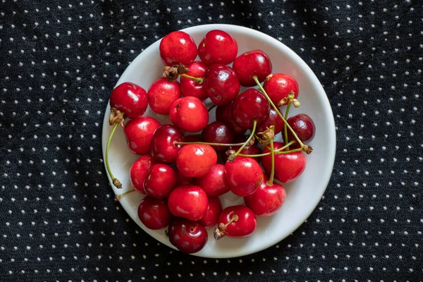 Ripe Red Cherries Black Background Fruit Background Fruits — Zdjęcie stockowe