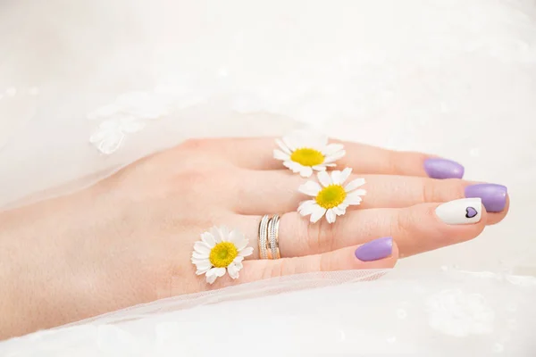 Hands Bride Wedding Ring Daisies Her Fingers Wedding Day — Stock Photo, Image
