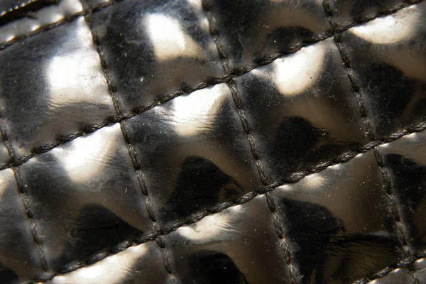 Black Patent Leather Stitched Threads Background Macro Photo Black Glossy — Stock Photo, Image
