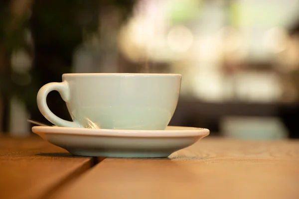 Tazza Con Caffè Tavolo Legno Caffè Caffè Del Mattino — Foto Stock