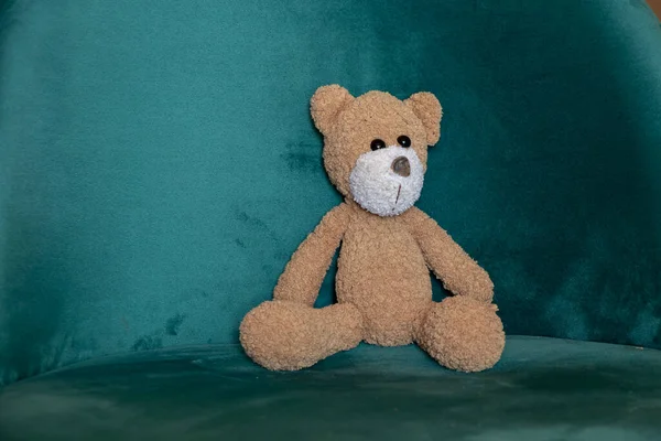 Bruine Kinderen Zachte Teddybeer Zittend Blauwe Bank Kinderen Speelgoed Slaapkamer — Stockfoto