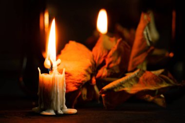 Masadaki aynanın yanında yanan mum ve yanında da karanlıkta kuru bir gül, geceleri mum alevi, yas tutan bir gül yatıyor.