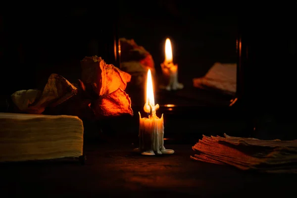 Burning Candle Carried Mirrors Fortune Telling Cards Lie Nearby Fortune — Stock Photo, Image