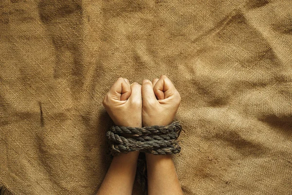 Tied Female Hands Old Rope Brown Cloth Tied Hands Bondage — Stock Photo, Image