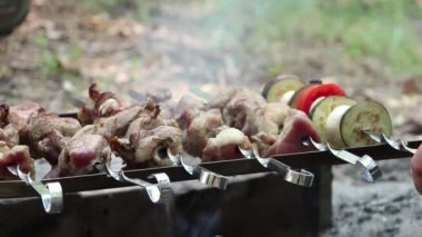 Yazın ateşte domuz rostosu ormanda piknik, barbekü, parkta ateşte et kızartma.